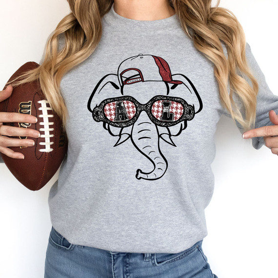 AL Mascot Houndstooth DTF Transfer, cartoon illustration of an elephant wearing sunglasses with Houndstooth pattern, and a cap, printed on a gray sweatshirt.