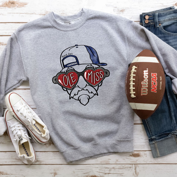 Ole Miss DTF Transfer, graphic design of a bearded man wearing sunglasses and a cap with 'Game Day' text, with heart-shaped lenses reading 'LOVE MISS'