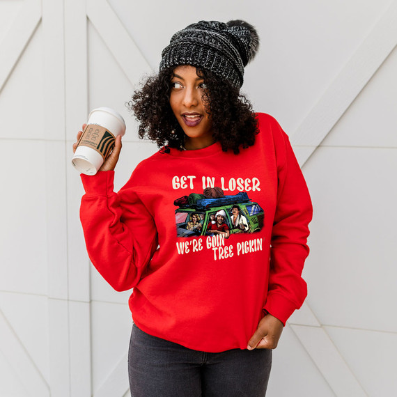 We're Goin Tree Pickin DTF Transfer, a colorful graphic hoodie featuring a humorous design with a vehicle and people ready for a tree picking adventure.