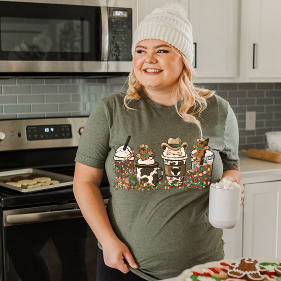 Cowboy Christmas Latte Screen Print Heat Transfer, festive coffee cups with cowboy hats and holiday decorations.
