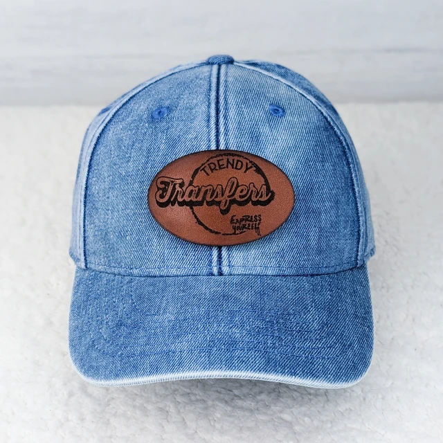 Denim hat with a leather hat patch