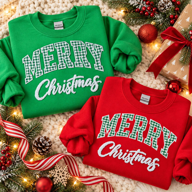 Green and red crewnecks with gingham Merry Christmas applique patches