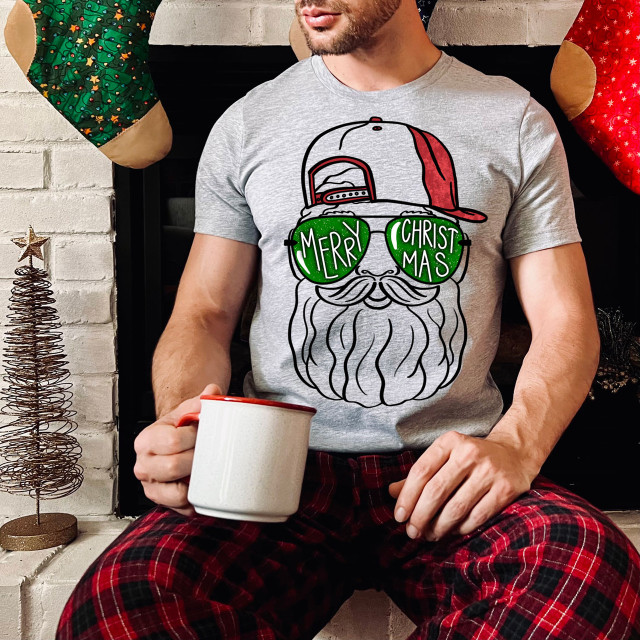Merry Christmas Cap DTF Heat Transfer, festive illustration of Santa with sunglasses and a cap for holiday celebrations.
