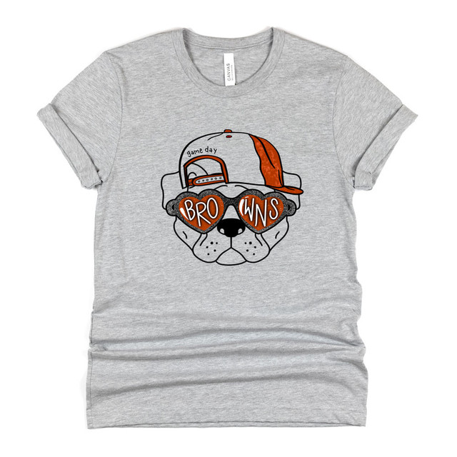 Browns Mascot DTF Heat Transfer, graphic of a dog with a Browns cap and heart-shaped sunglasses that say 'Bro Wns'.