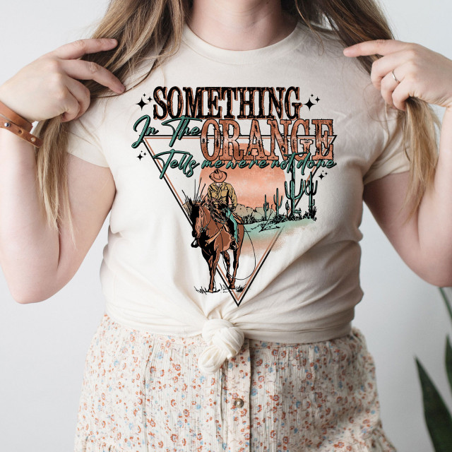 Something In The Orange Screen Print Heat Transfer, a graphic T-shirt with a western-themed design featuring a cowboy riding a horse and cacti in a desert scene.