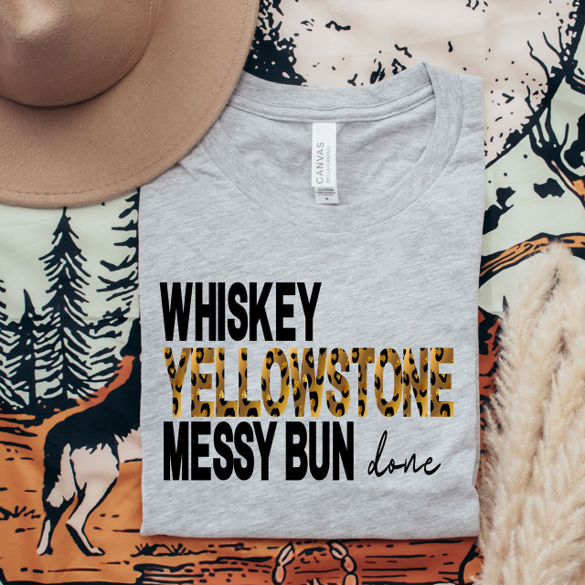 Whiskey Yellowstone Messy Bun Screen Print Heat Transfer, grey t-shirt with the print design displayed alongside a tan hat and faux fur fabric.