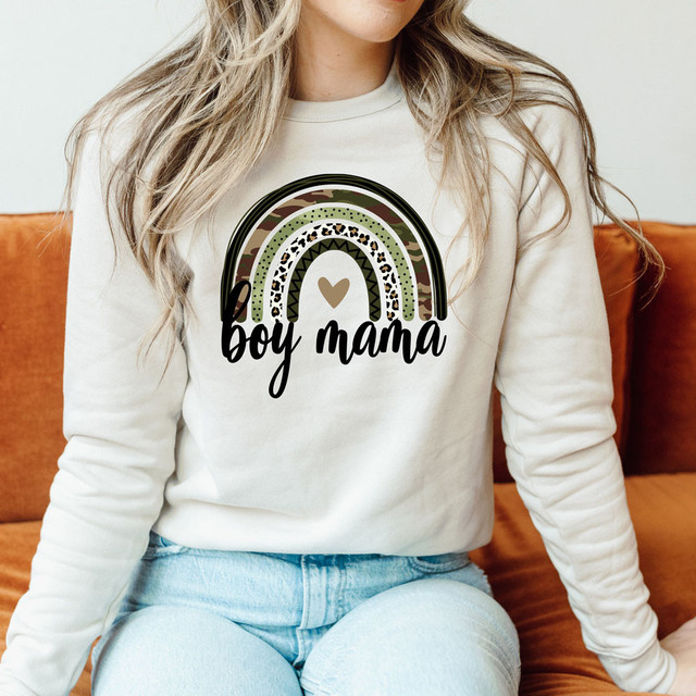 Boy Mama Rainbow DTF Heat Transfer, colorful rainbow design with leopard print and heart, on a woman's sweatshirt.