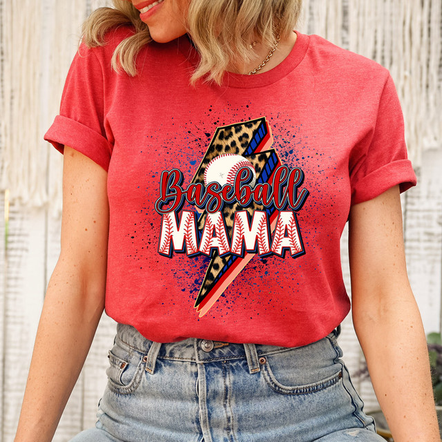 Baseball Mama Lightening Bolt DTF Heat Transfer, colorful design featuring a lightning bolt with leopard print, baseball, and text 'Baseball Mama' on a red T-shirt.