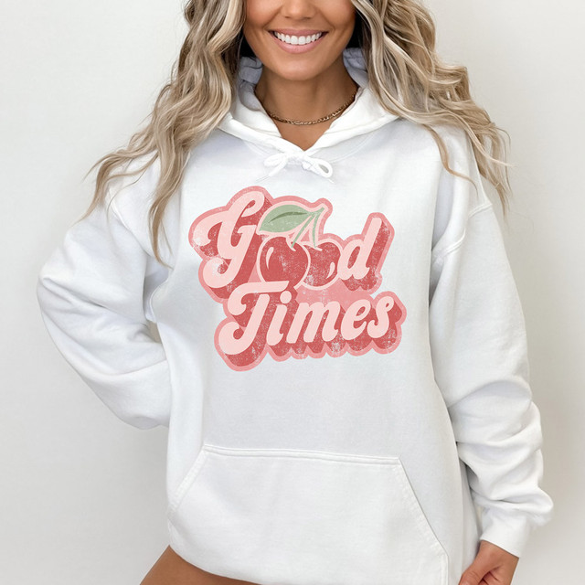 Good Times Cherry Sublimation Transfer, vibrant pink cherry-themed graphic on a white hoodie.