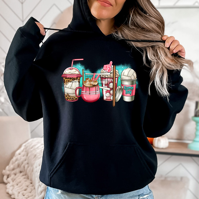 Volleyball Drinks DTF Heat Transfer, colorful graphic design of drinks and game day elements on a black hoodie.
