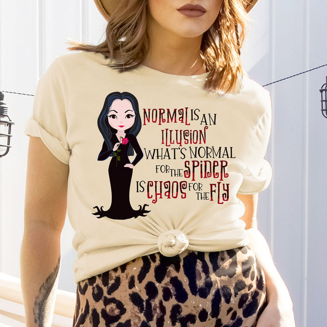 Normal Is An Illusion DTF Heat Transfer, graphic design of a cartoon woman with dark hair holding a pink rose with a quote about illusion and chaos.