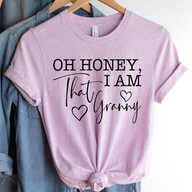 Oh Honey, I Am That Granny DTF Heat Transfer T-Shirt, pink casual short sleeve top with black lettering and heart graphics.