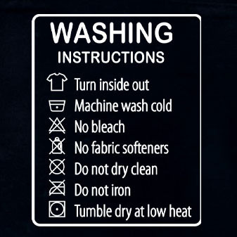 Washing Instructions 20 ct. WHITE INK DTF Heat Transfer, illustrated laundry care guidelines with symbols and text.