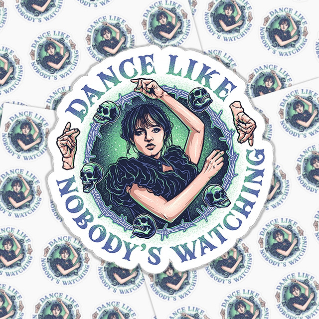 Dance Like Nobody's Watching Sticker, illustrated woman dancing surrounded by skulls, barbed wire, and cosmic background with the text 'Dance Like Nobody's Watching' in a circular design.