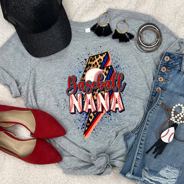 Baseball Nana Lightening Bolt DTF Heat Transfer, a colorful and bold design with leopard print, baseball, and lightning bolt elements layered on a gray t-shirt.