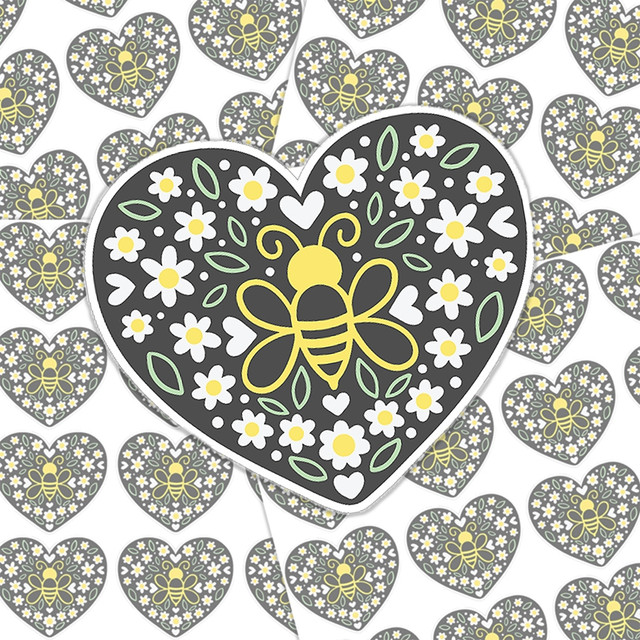 Bee Heart Sticker Sheet, black heart with yellow bee and white and yellow flowers and green leaves design