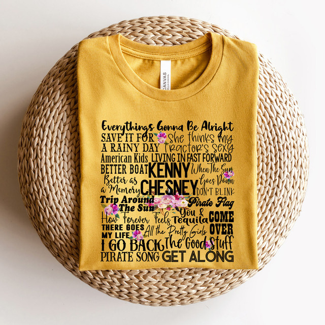 Kenny Chesney Word Art DTF Heat Transfer, yellow t-shirt with custom text and floral design.