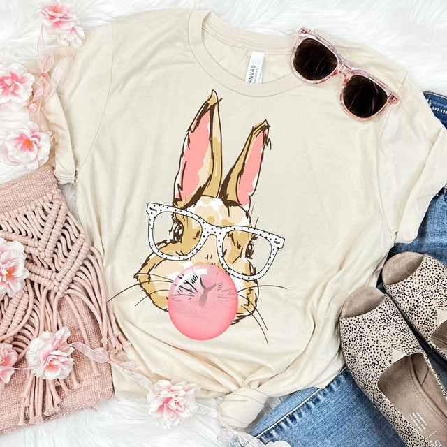 Bunny Blowing Bubble DTF Heat Transfer, product design featuring a bunny wearing glasses blowing a bubble gum bubble.
