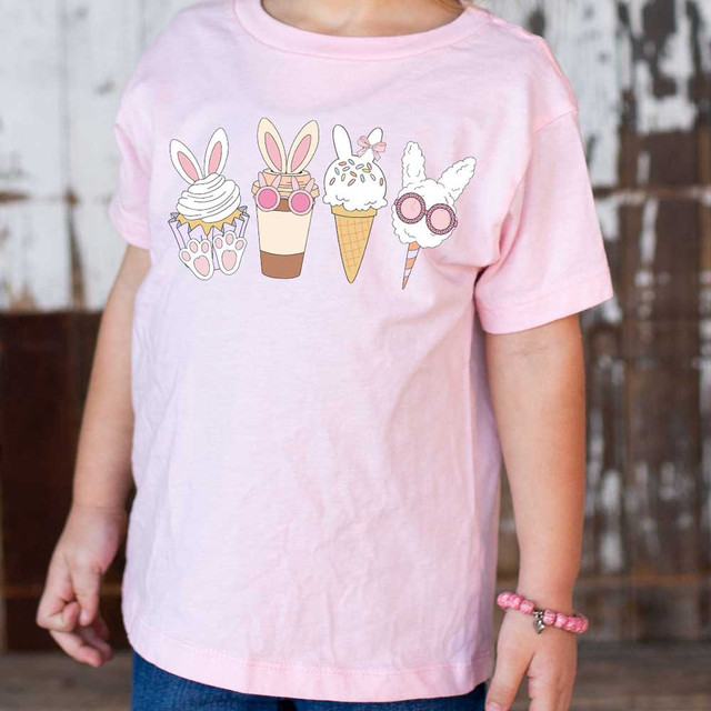 Easter Treats DTF Heat Transfer, colorful Easter-themed ice cream characters with bunny ears on a pink T-shirt for kids.