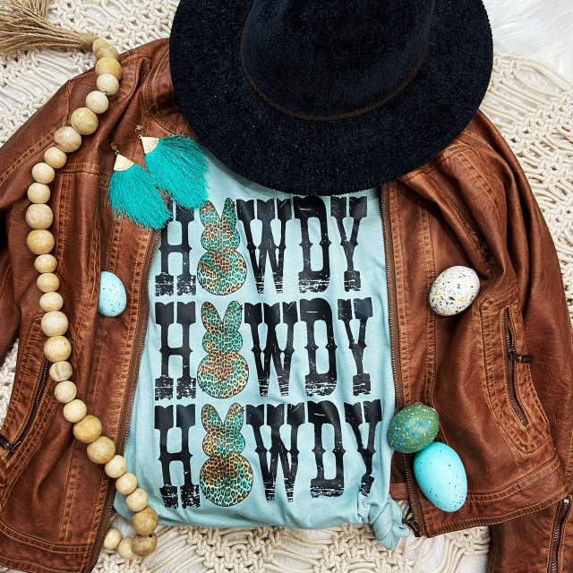 Howdy Bunny Easter Screen Print Heat Transfer, colorful graphic featuring bunny shapes with leopard print pattern on a light blue t-shirt.