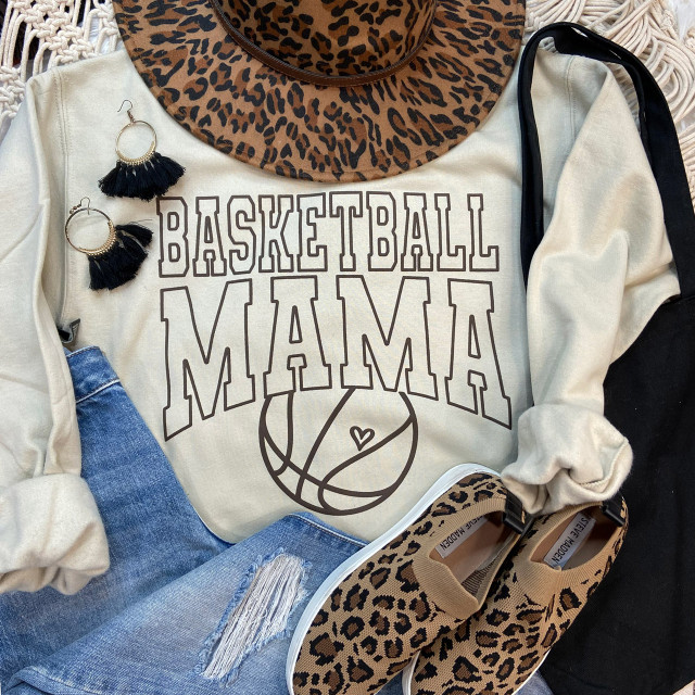 Basketball Mama PUFF Screen Print Heat Transfer, image showing a sweatshirt with the print, a leopard print hat, denim shorts, black earrings, and leopard print shoes.