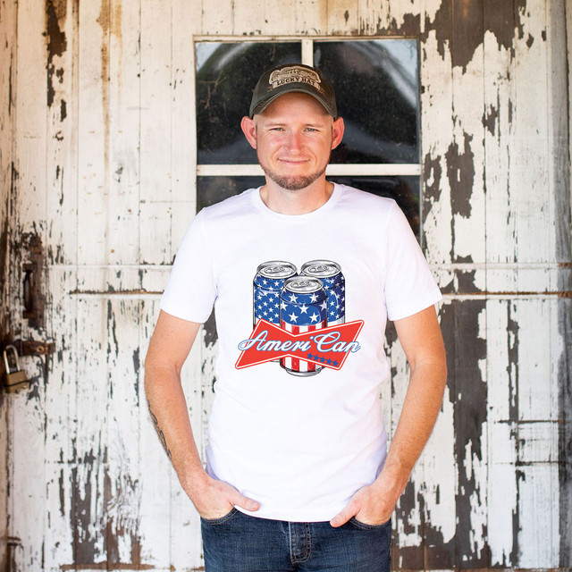 Ameri Can DTF Heat Transfer, T-shirt with American flag design of soda cans and 'Ameri Can' text.