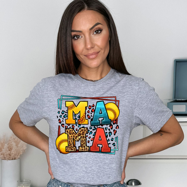 Leopard Softball Mama DTF Heat Transfer, colorful graphic design with the words 'MAMA' and baseball elements on a gray t-shirt.