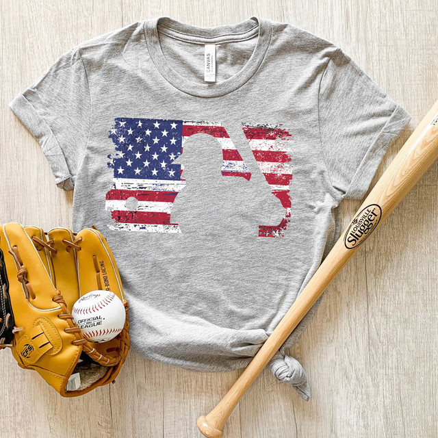 American Flag Baseball Cutout DTF Heat Transfer, gray T-shirt with distressed American flag design for baseball fans.