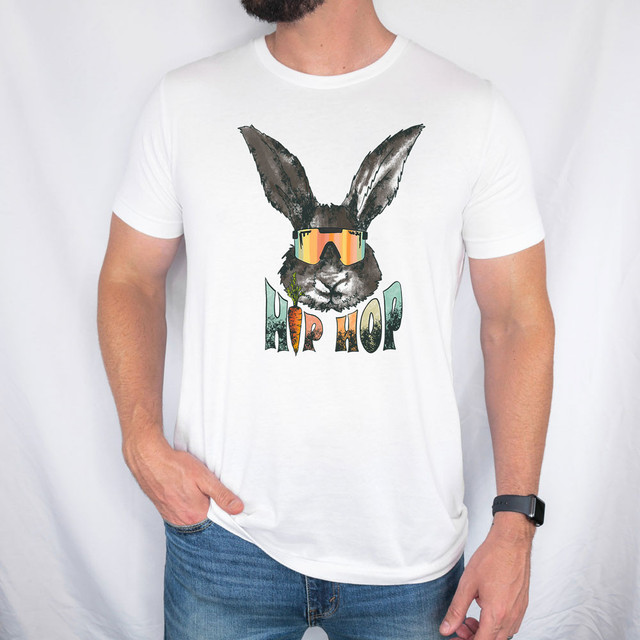 Hip Hop Bunny DTF Heat Transfer, colorful graphic t-shirt with a rabbit wearing sunglasses and the words 'Hip Hop' underneath.