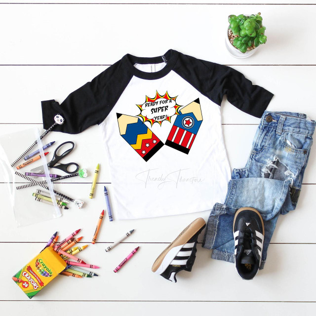Ready for a SUPER year back to school Sublimation Transfer T-shirt, featuring comic book style design with character fists and speech bubble.