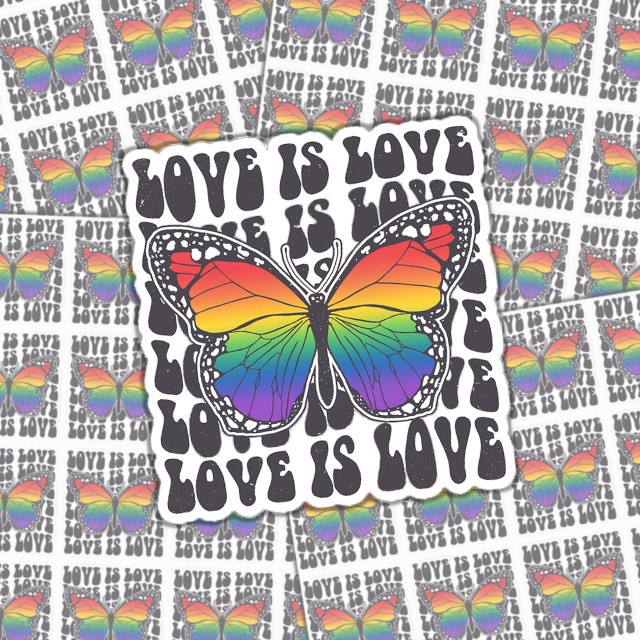 Love Is Love Sticker Sheet, colorful rainbow butterfly sticker with the words 'Love Is Love' written repeatedly in the background.