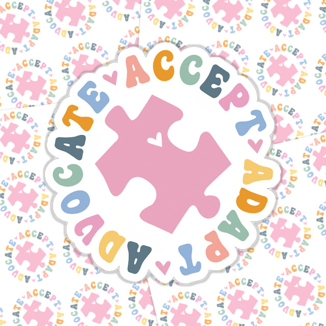 Accept, Adapt, Advocate Sticker Sheet, colorful puzzle piece and round text design in a sticker format.