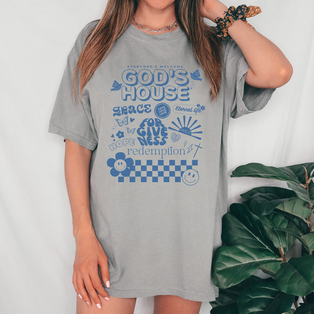 God's House BLUE DTF Heat Transfer, blue graphic design on grey t-shirt featuring words and symbols.