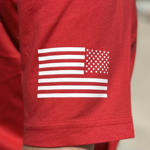 Reverse Flag HAT/POCKET White Screen Print Heat Transfer on Red T-shirt, American flag design with white stripes and stars.