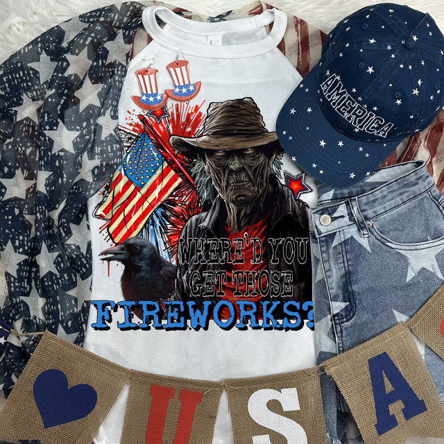 Where'd You Get Those DTF Heat Transfer, patriotic themed apparel including a printed t-shirt with a zombie cowboy and American flag design, a blue cap with stars and 'HOME America' text, denim jeans with star designs, and patriotic decorations.