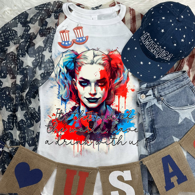 Have A Drink With Us DTF Heat Transfer, colorful graphic of Harley Quinn on a white shirt with patriotic accessories and denim, patriotic banner, and cap, perfect for casual wear and themed events.