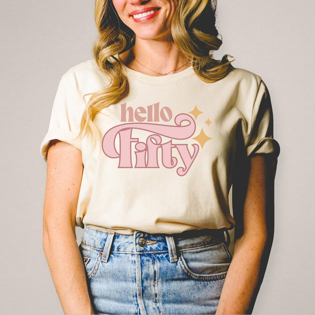 Hello Fifty DTF Heat Transfer, a pink and gold graphic design for clothing.