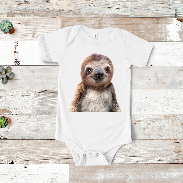 Cute Sloth Photo Sublimation Transfer, adorable sloth face printed on a white baby onesie.