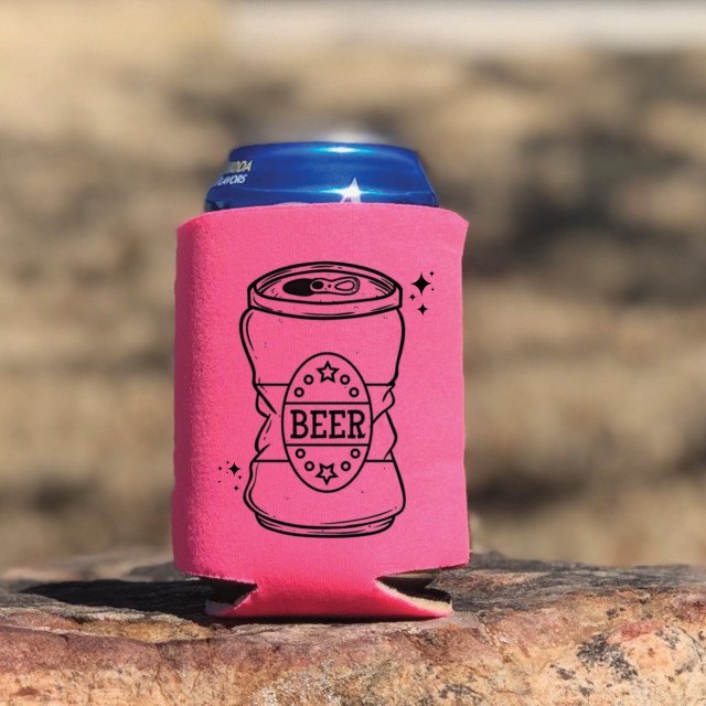 Retro Beer DTF Heat Transfer, pink can cooler with black beer can graphic and the word 'BEER' in the center.