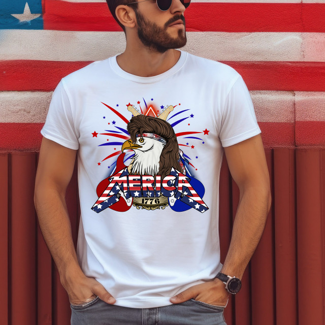Merica Bald Eagle DTF Heat Transfer, patriotic eagle graphic on a white T-shirt, American flag colors and elements.