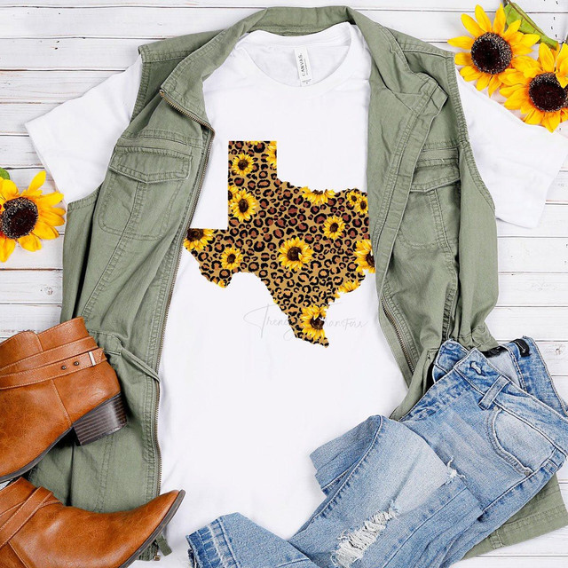 Texas Leopard and Sunflower Sublimation Transfer, a shirt featuring a map of Texas filled with sunflower and leopard print patterns.