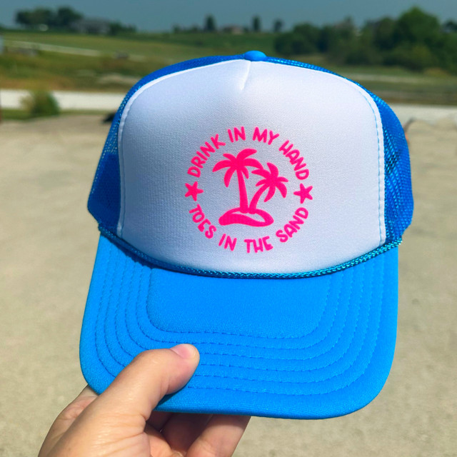 Drink In My Hand Toes In The Sand NEON Pink Hat/Pocket Screen Print ...