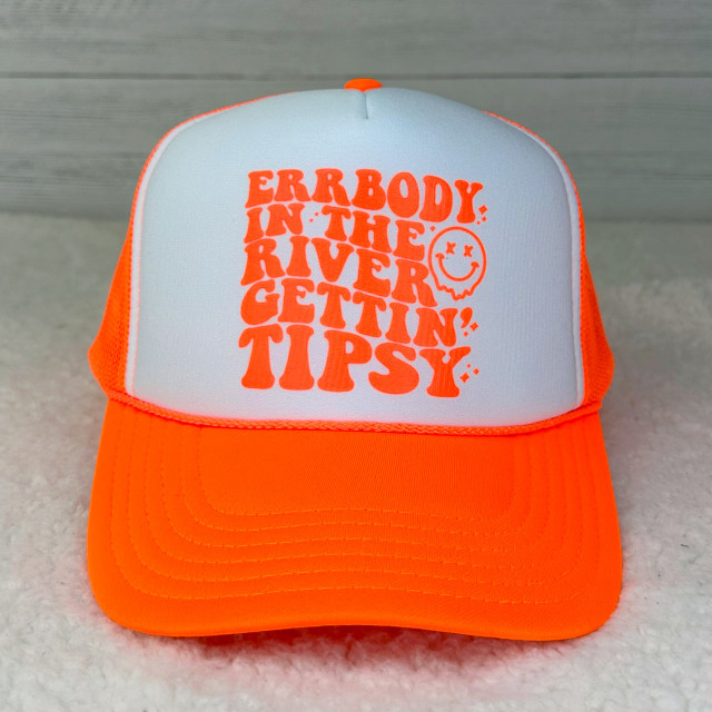 Errbody In The River NEON Orange Hat/Pocket Screen Print Heat Transfer, a trucker hat with a white front panel featuring neon orange text and graphics, and an orange mesh back.