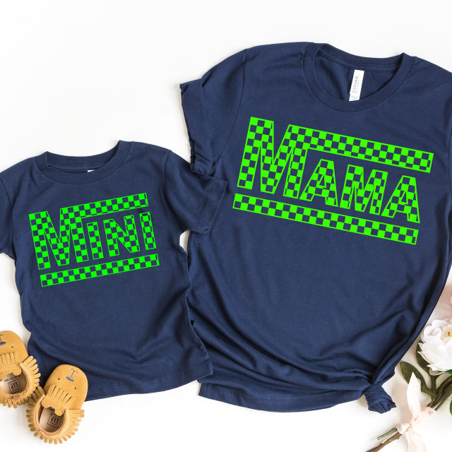 MINI NEON Green Screen Print Heat Transfer, bright neon green checkered heat transfer designs on navy blue T-shirts for custom apparel.