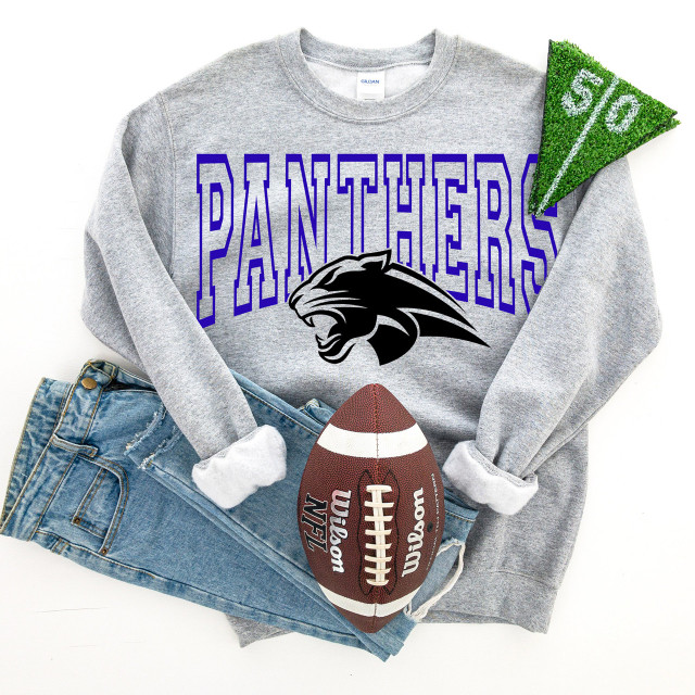 Panthers Blue DTF Heat Transfer, football-themed design on a gray sweatshirt with a panther logo and the word Panthers in purple.