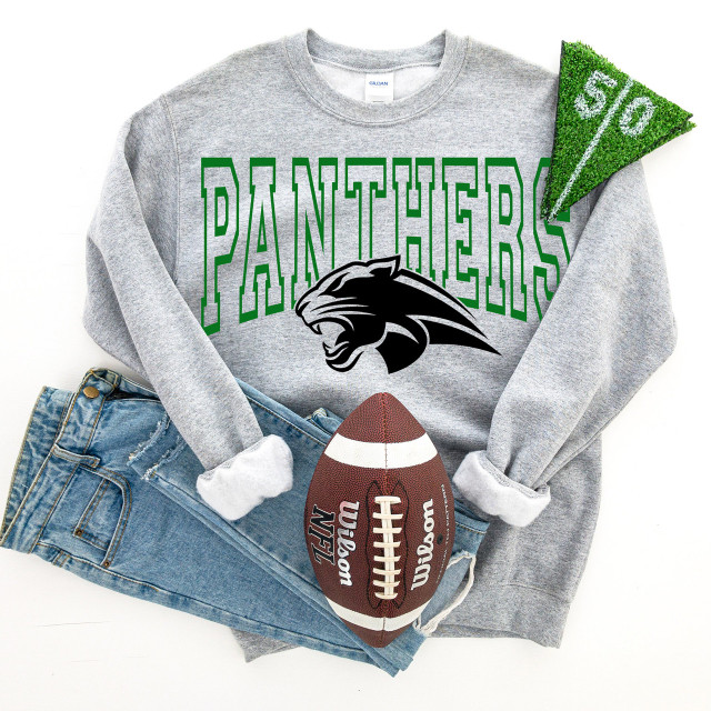 Panthers Green DTF Heat Transfer, green and black panther logo on grey sweatshirt with green text.