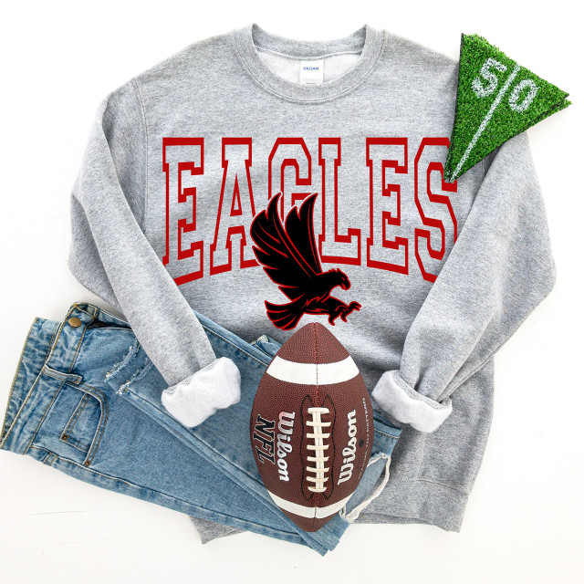 Eagles Red DTF Heat Transfer, sports-themed design with an eagle and football on a grey sweatshirt.