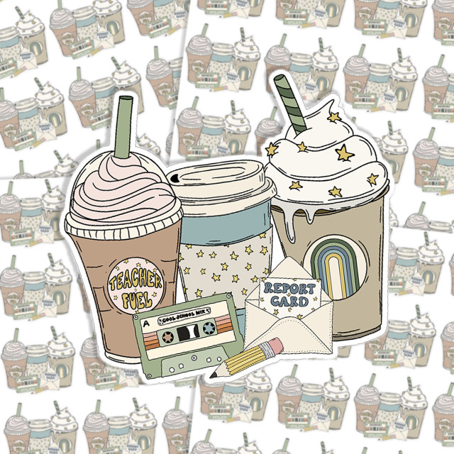 Teacher Fuel Sticker Sheet, hand-drawn illustrated teacher-themed stickers including coffee cups, report card, cassette tape, pencil, and star decorations.