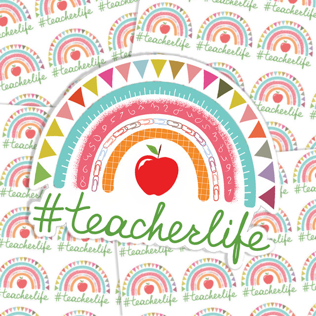 TeacherLife Sticker Sheet, colorful sticker sheet featuring hashtag #teacherlife and rainbow with apple design.