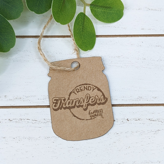 Custom Cardstock Mason Jar Tags, eco-friendly kraft paper tag with printed trendy transfer design and twine loop for decorating or labeling.